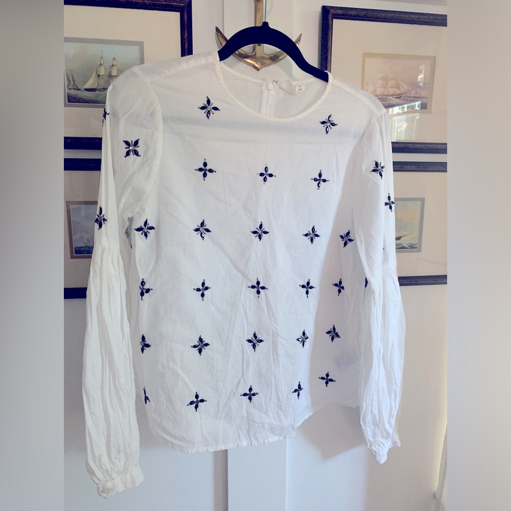 GAP White Embellished Black Jewel Top Puff Peasant Sleeve Women’s XS $50 Retail
